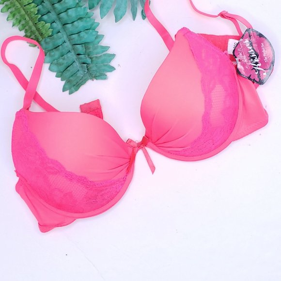 new 36C Bra Neon Pink Orange Lightly Padded Lace Underwire Push Up Bra 36C - Picture 3 of 11